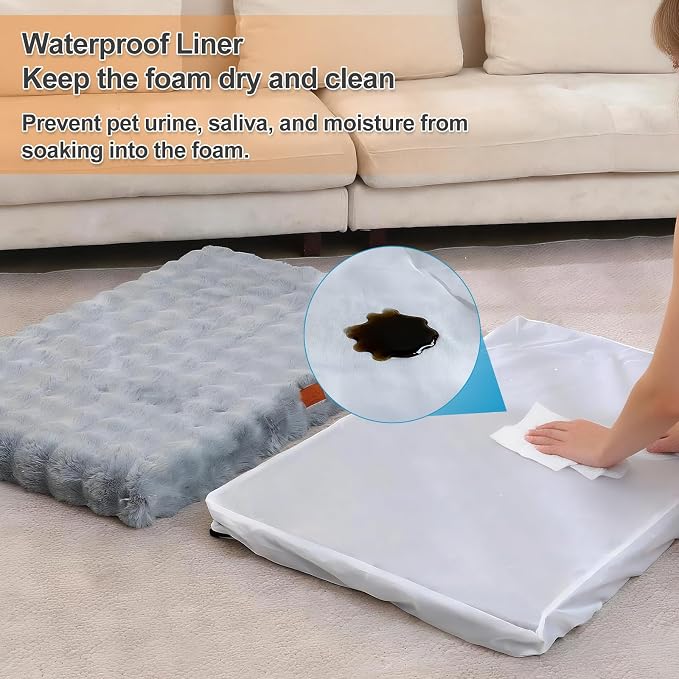 Orthopedic Dog Beds for Large Dogs, Fluffy Faux Rabbit Fur Pet Bed with Removable Washable Cover, Dog Bed Mat with Egg Crate Foam & Waterproof Lining, Anti Slip Bottom, Blue-Grey,36"x27"x3" - Image 5
