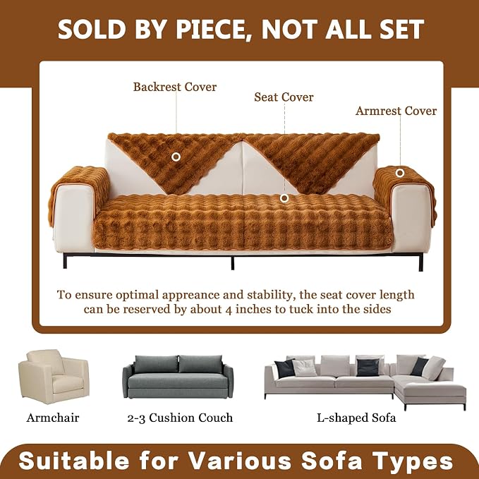 DREAMINGO Faux Fur Couch Seat Cover, Soft Plush Sofa Covers for Pet Washable, Non Slip Furniture Protector for Loveseat 2 Cushion Sofa, 35.4x70.9 Inch, Brown - Image 3