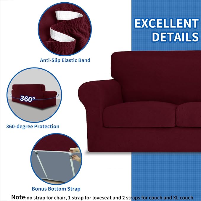MAXIJIN 2 Piece Chair Covers Chair Slipcover with Arms, Sofa Chair Cover for Living Room Armchair Cover, Stretch Pet Dog Slip Cover for A Chair with 1 Cushion (31"-46", Wine Red) - Image 4