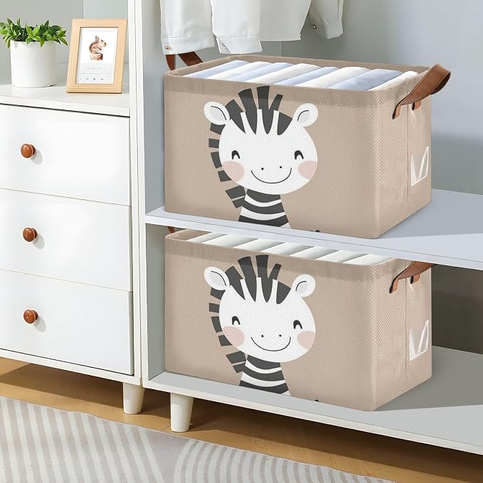 Cute Happy Zebra Brown Animal Storage Basket for Baby with Handles&Label Rectangular Waterproof Nursery Storage Bins Collapsible Organizer Baskets for Kids Cloth Gift Toys Laundry Shelf, 2 PC - Image 3