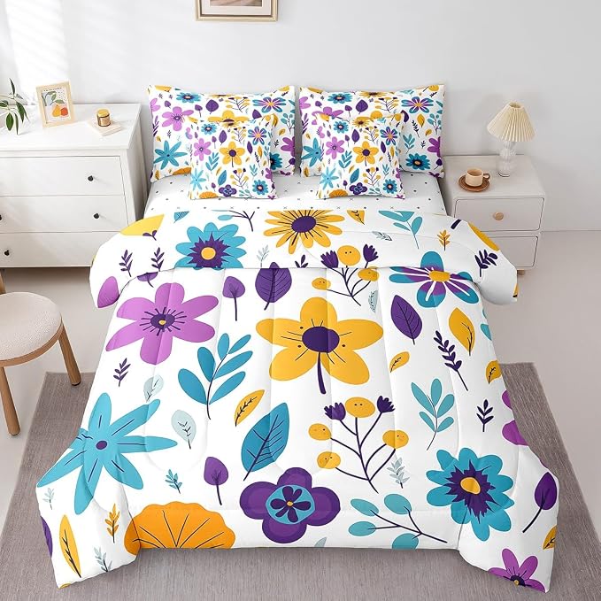 Feelyou Cute Flower Comforter Set with Sheets Twin Cute Flower Floral 7 Piece Bedding Set for Kids Girls Teens Toddler Cartoon Floral Bed in a Bag Yellow Purple Bed Set - Image 3