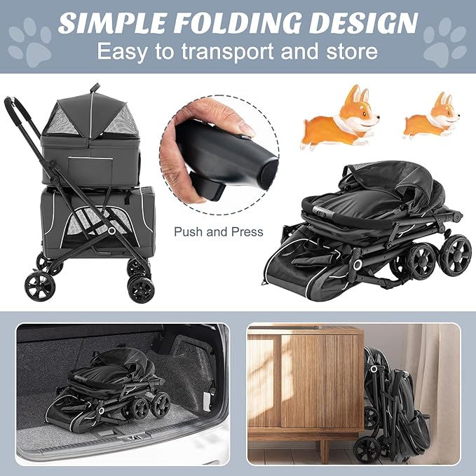 PETSITE Double Dog Stroller, Foldable 3-in-1 4 Wheels Cat Stroller with 2 Detachable Carriers, Safety Belt, Washable Cover, Removable Pads for Small Medium Dogs Cats (Grey)