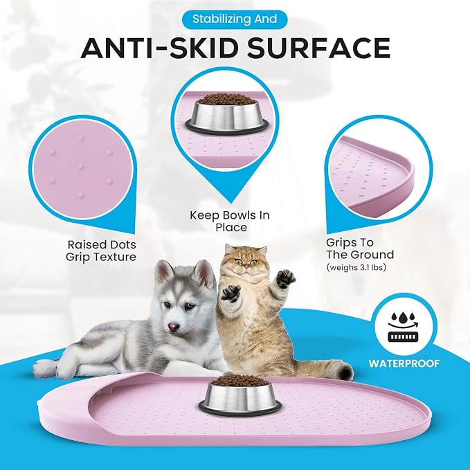 Dog Food Mat - 29” x 16.6” Pet Feeding Mat with Residue Collection Pocket - Large Silicone Dog Mat for Food and Water - Waterproof Dog and Cat Bowl Mat, High Edges to Prevent Spills, Light Pink - Image 5
