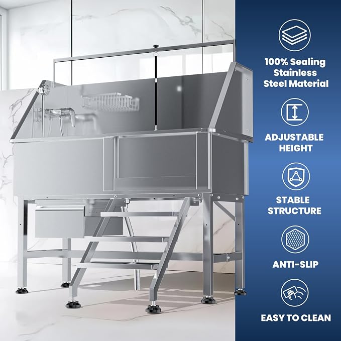 46" Dog Washing Station, Professional Stainless Steel Dog Bathtub w/Ramp & Storage Drawer, Adjustable Grate, Non-Slip Design, Perfect for Home Grooming & Large Dogs (46" Right Stair) - Image 3