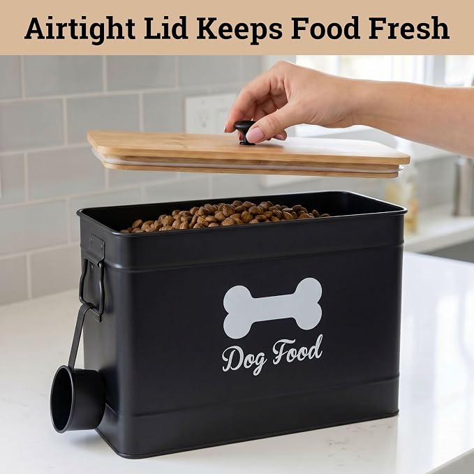 Metal Dog Food Container 15-20 lbs w/ Airtight Bamboo Lid, 70 Cup Capacity | Pet Jar For Dogs up to 100lbs, Airtight Bamboo Lid, Sturdy Comfortable Metal Handle, Powder Coated Iron, Kibble Storage Bin - Image 4