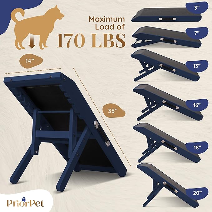 Dog ramp for Couch – Non-Slip, Sturdy Build Foldable Dog ramp – Supports up to 200lbs – Adjustable 7'' to 20'' – Landing Platform Seamlessly Connects – Birchwood Pet Ramp for Small Dogs – Blue