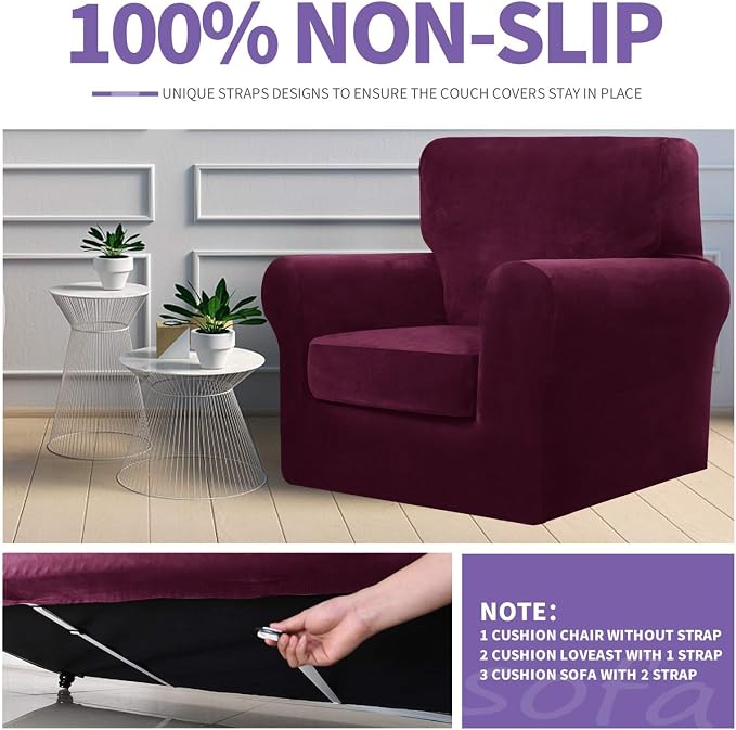 ZNSAYOTX Luxury Velvet Sofa Cover 3 Piece (57"-70") Stretch Loveseat Covers for 2 Cushion Couch Thick Soft Couch Slipcover with Non Slip Strap, Dog Pet Friendly Nice Furniture Protector (Wine Red) - Image 5