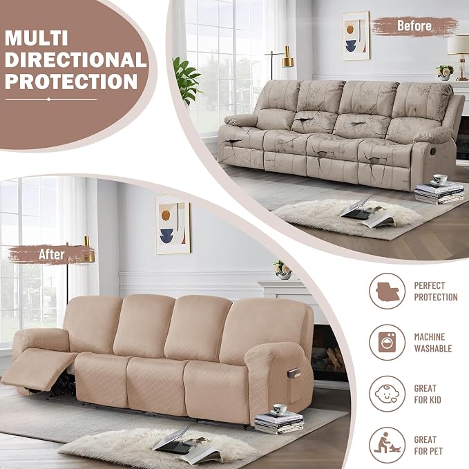 vctops Diamond Recliner Sofa Covers 10-Pieces Stretch Large RV Couch Covers for 4 Seats Reclining Slipcovers Soft Solid Furniture Protector (Camel,4 Seat) - Image 5