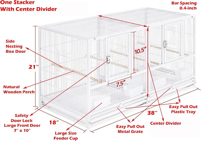 Combo Sturdy Wrought Iron Stacker Center Divided Breeder Breeding Bird Flight Double Cage Side Nest Box Doors for Aviaries Canaries Cockatiels Lovebirds Finches Budgies Small Parrots One Stacker - Image 2