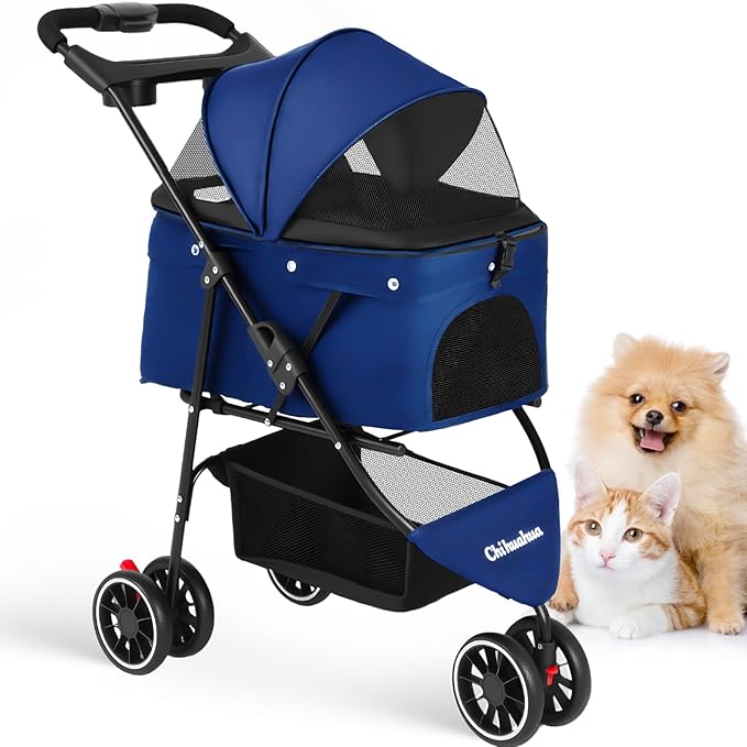Pet Stroller,Dog Stroller for Small Medium Dogs Cats,3 Wheels,Foldable,with Breathable Mesh Canopy,Cup Holders,Easy Assembly,Navy Blue