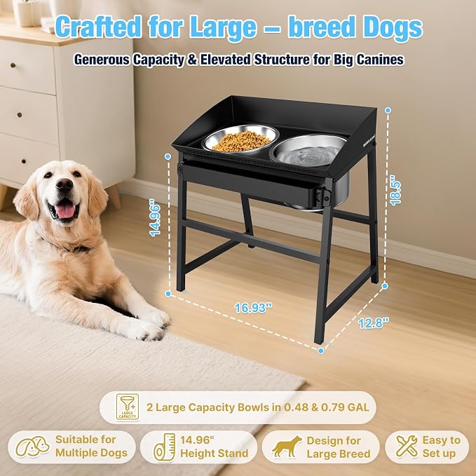 Bobbie & Laxi 15" Tilted Elevated Dog Bowl, Spill-Proof with Plastic Guard | For large dogs; raised stand with smooth plastic edge, 2 stainless steel bowls; 10° tilted stand keeps floors mess-free - Image 7