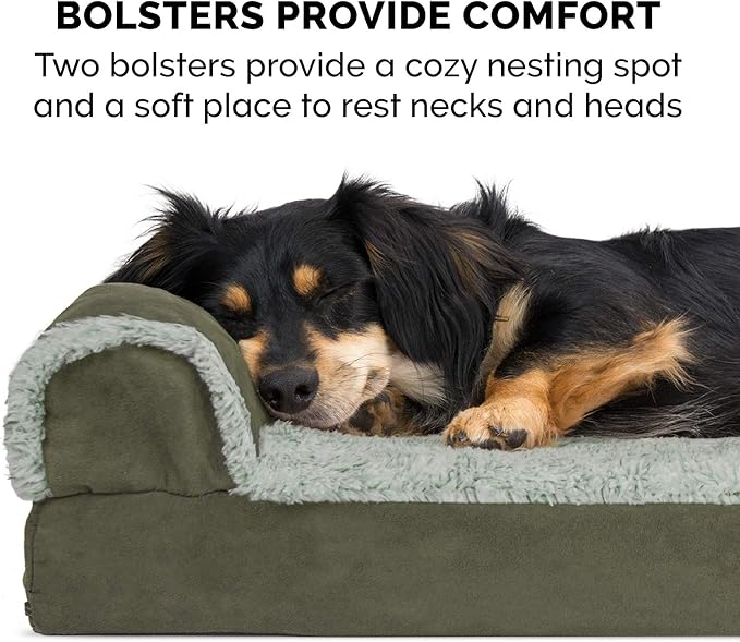 Furhaven Orthopedic Dog Bed for Large/Medium Dogs w/ Removable Bolsters & Washable Cover, For Dogs Up to 55 lbs - Two-Tone Plush Faux Fur & Suede L Shaped Chaise - Dark Sage, Large - Image 11