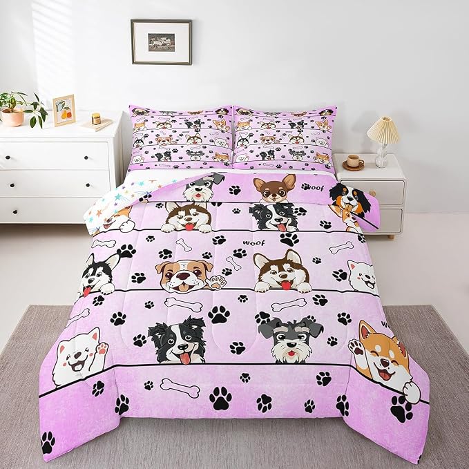 Manfei Paw Bone Print Light Purple Comforter/Duvet Set King Size,Cartoon Dog Ultra Soft Bed Collection,Lovely Pup Pet Animals Lover Bedding for Room Decor 3 Pcs,Microfiber Breathable - Image 2