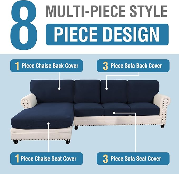H.VERSAILTEX Sectional Couch Covers 8 Pieces Stretch Sofa Covers for Sectional Sofa Set Separate L Shaped Couch Cover for Both Left/Right Couch (Seat and Back: 1 Chaise + 3 Sofa, Navy) - Image 3