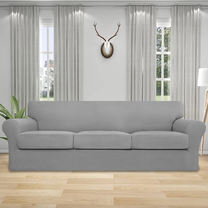 Easy-Going 4 Pieces Stretch Couch Cover Oversized Sofa Cover for Dogs Washable Sofa Slipcover for 3 Separate Cushion Couch Spandex Elastic Furniture Protector for Pets (Light Gray, Oversized Sofa) - Image 2