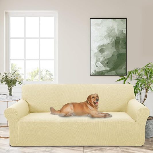 Stretch Couch Covers for Sofa Washable, Large, Beige | 3seat sofa covers for 3 cushion couch, Furniture Protector Couch Slipcover cubre sillones para sala for Kids, Dogs by LuxshareHome