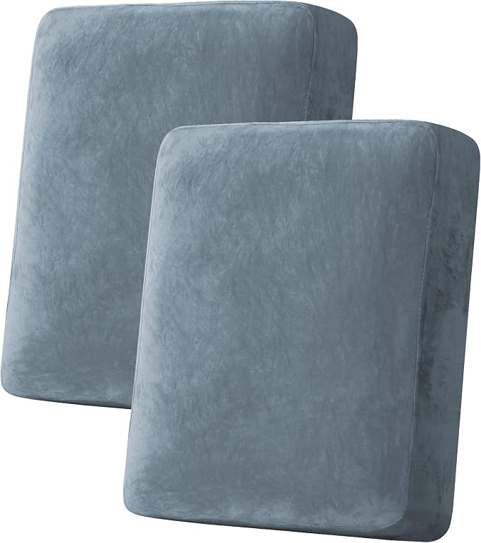 H.VERSAILTEX Velvet Stretch Couch Cushion Cover Plush Cushion Slipcover for Chair Loveseat Sofa Cushion Furniture Protector Seat Cushion Sofa Cover (2 Piece Medium Sofa Cushion Covers, Stone Blue) by HVERSAILTEX