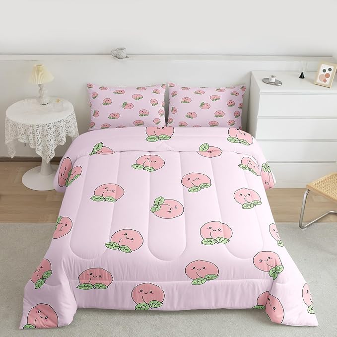Erosebridal Peach Comforter Set Queen for Girls Women Kids Cute Cartoon Red Fruit Printed Reversible Bedding Set Kawaii Decor Soft Warm Quilt Duvet Set Pink Nature Plant Comforter by Erosebridal