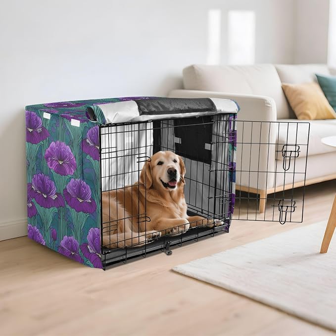 Dog Crate Cover Kennel Cover for Dog Cages Breathable for Wire Cage Indoor Outdoor Purple Irise Pattern - Image 6