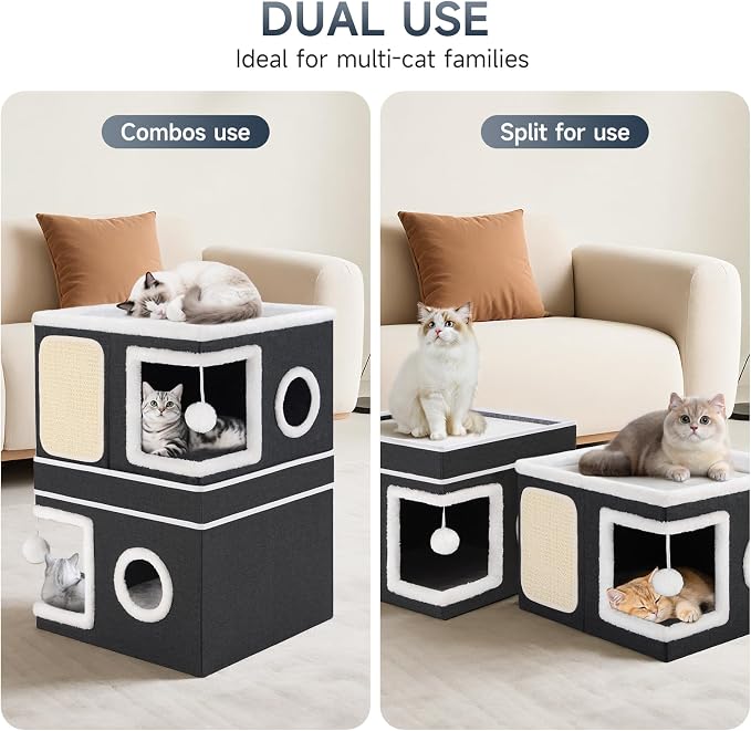 Shikha 2 Story Cat House beds for Indoor Cats with Scratch Pads Black | 2 in 1 Dual Use Double Cat Bed Cave for Multiple Pets Kitten, Elevated Perch for a Wide View, All Season Reversible Cushion - Image 2