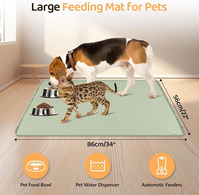 Dog Food Mat 34''x22'' Extra Large Dog Mat for Food and Water, Green | Silicone Dog Bowl Mat with Raised Edge, Waterproof Non-Slip Pet Feeding Mat for Floors, fit for Dog Cat Bowls - Image 2
