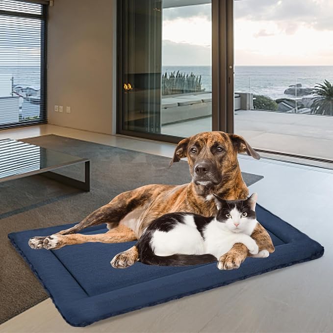 EMPSIGN Dog Crate Pad for 54"x37" Dog Crate, Plush/Canvas Navy | Reversible Kennel Mat (Cool & Warm), Machine Washable, Cozy Plush Sleeping Pad, All-Season Pet Bed - Image 6