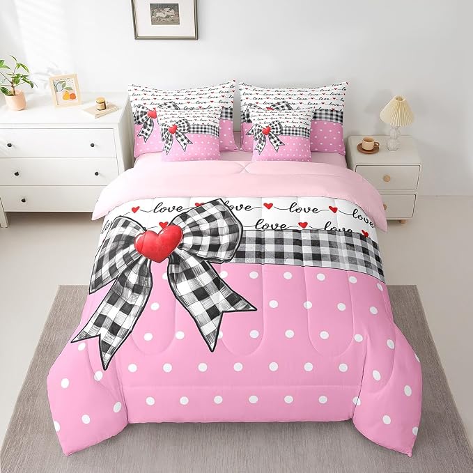 Erosebridal 7 Piece Valentine Bowknot Kids Comforter Set for Girls,Love Heart Shaped Twin Bedding Set for Girlfriend,Dreamy Princess Style Bed Set,Buffalo Plaid Grid Polka Dots Duvet Insert - Image 2
