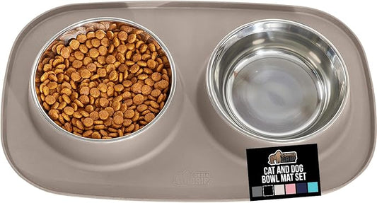 GORILLA GRIP Dog Bowl Set with Slip Resistant Silicone Feeding Mat, 4 Cup, Food Grade 304 Stainless Steel Bowls, BPA Free, High Edge Spill Containment, Dishwasher Safe, Finger Notch Removal, Beige by Unknown