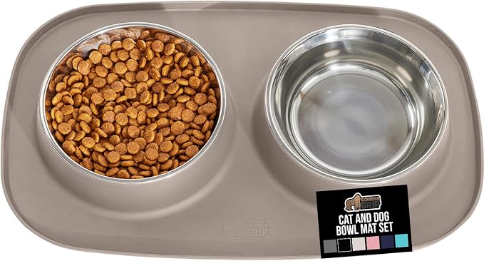 GORILLA GRIP Dog Bowl Set with Slip Resistant Silicone Feeding Mat, 3 Cup, Food Grade 304 Stainless Steel Bowls, BPA Free, High Edge Spill Containment, Dishwasher Safe, Finger Notch Removal, Beige by Unknown