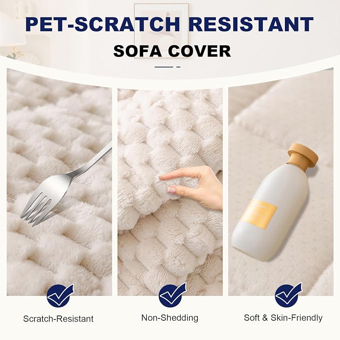 STACYPIK Waterproof Cream White Couch Covers for Dogs, Non Slip Pets-Scratch Resistant Sofa Covers, Fluffy Coral Soft Cushion Protector for 3 Cushion Couch, Washable Pet Friendly Bed Mats-27.6x82.7IN - Image 2