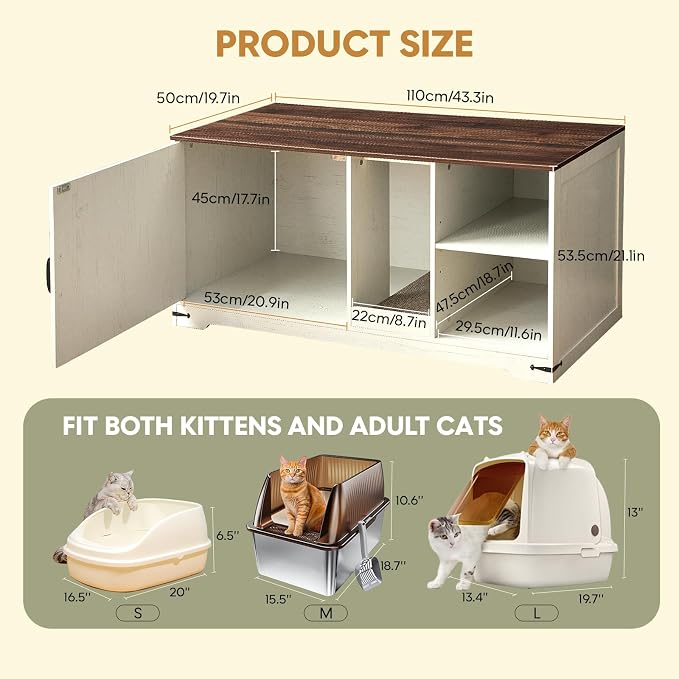 Cat Litter Box Enclosure, 43" Farmhouse Litter Box Furniture with Storage, Lights, Cardboard, Indoor TV Stand Wood Cat House Washroom End Side Table, White - Image 2