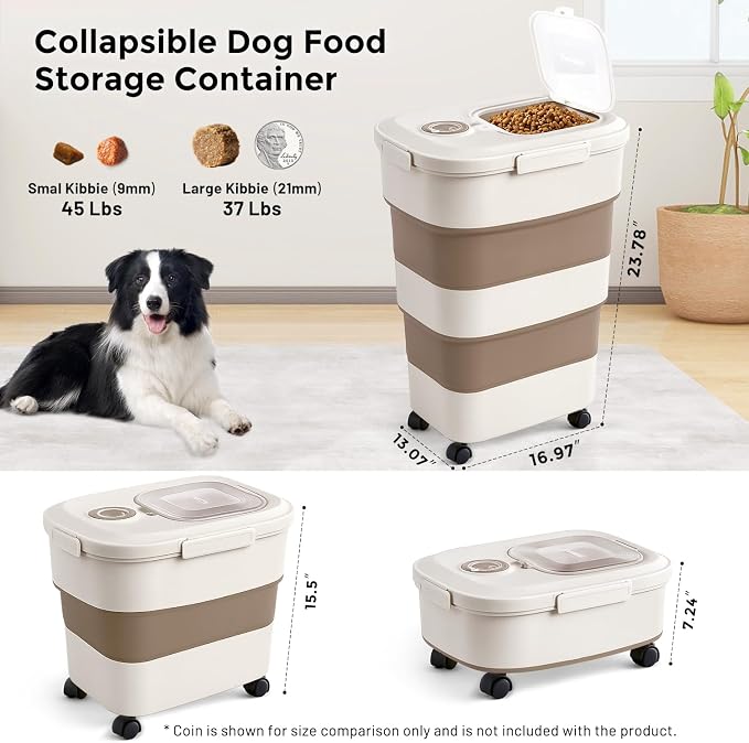 ZOMISIA 40-50lbs Dog Food Storage Container, Large Capacity Collapsible Airtight Pet Food Storage Containers with Rolling Wheels, Transparent Lid, Scoop and Date Track, Brown - Image 2