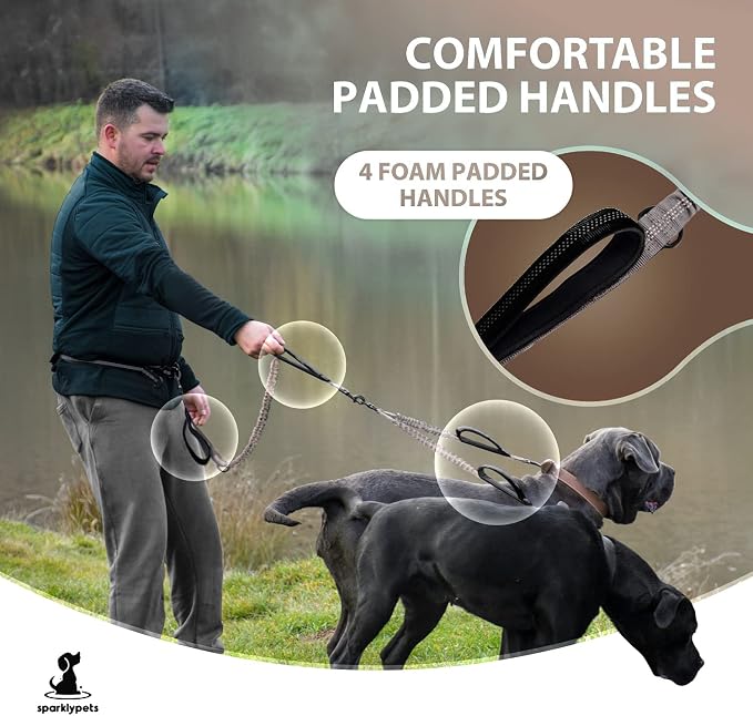 SparklyPets Hands Free Double Dog Leash – Dual Leash for Medium and Large Breeds – Lead for 2 Dogs with Padded Handles, Reflective Stitches, No Pull, Tangle Free (Brown) - Image 4