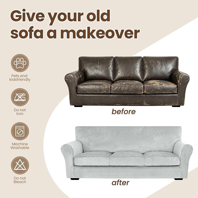 XINEAGE 4-Piece Velvet Oversize Sofa Cover,Couch Covers for Dog,Silver Gray | 3 Cushion Large Sofa,Stretch Non-slip Elastic, Pet-friendly, Washable, Fast Setup, Soft Plush Fabric, Furniture Protector. - Image 8