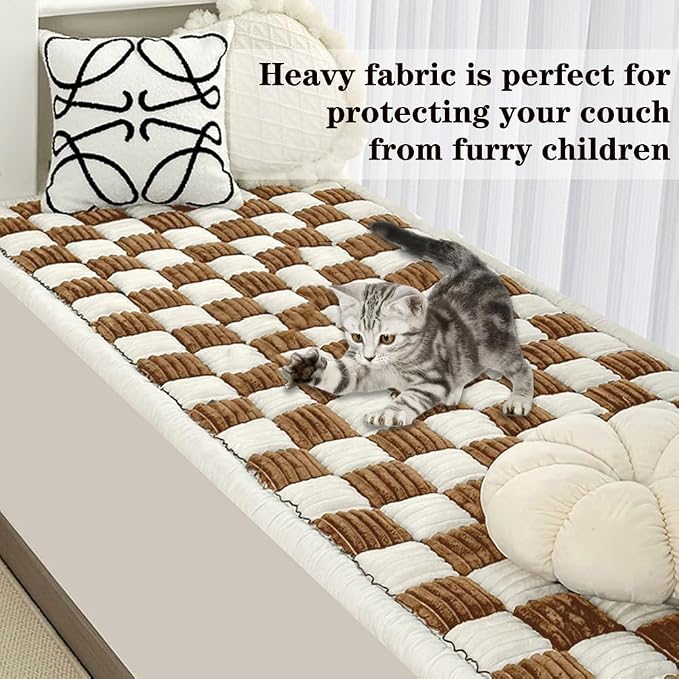 Fuzzy Chic Cotton Protective Couch Cover, Machine Washable & Non-Slip Mat Bed, Cream-Coloured Plaid Pet Mat for Cats & Dogs (Dark Coffee, 23.6*62.9inch) - Image 4
