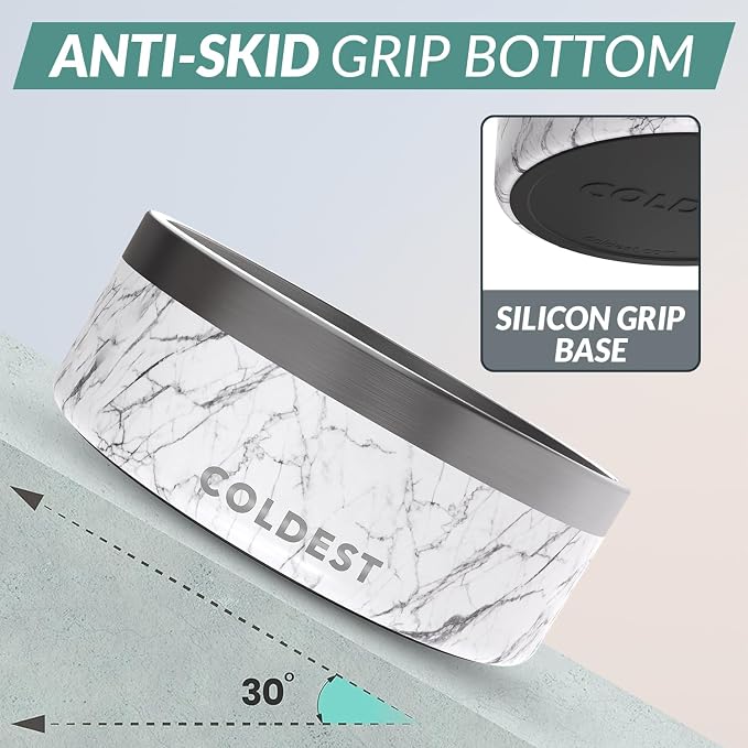 Coldest Dog Bowl - Anti Rust Metal, Non Slip, 3 Layers Insulated Stainless Steel Dog Bowls - Spill Proof & Heavy Duty - Water Bowl for Dogs, Cats & Pets, Dish Washer Safe (64 oz, Carrara Marble) - Image 2