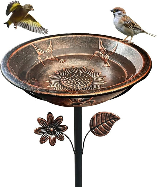 13" Metal Bird Bath for Outside – Hummingbird Embossed Garden Birdbath Bowl with Stake | Adjustable Height Outdoor Bird Bath, Removable Bowl, Rust Resistant Yard Lawn Decor by OUISJYER