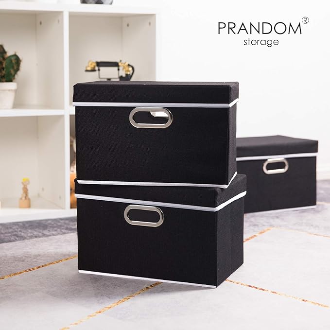 PRANDOM Foldable Storage Box with Lid [3-Pack] Fabric Collapsible Storage Bin Organizer Container Basket Cube with Cover for Home Bedroom Closet Office Nursery Black (14.9x9.8x9.8) - Image 2