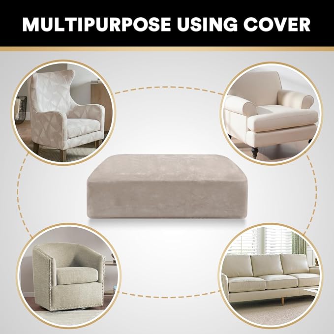 PrinceDeco Stretch Velvet Couch Cushion Cover,Soft Fitted Cushion Slipcover for Arm Chair Sofa Cushion Furniture Protector Seat Cushion Sofa Cover Width Up to 29.5", Oatmeal - Image 4
