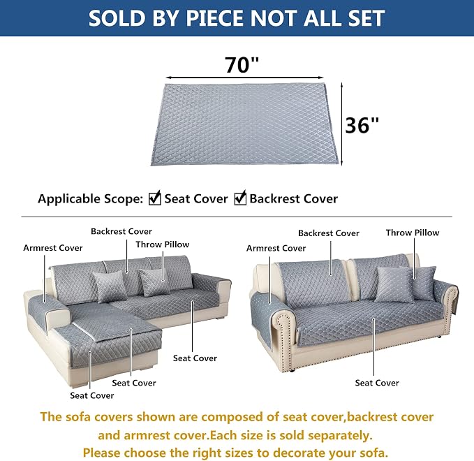 Eismodra Couch Cover,Sectional Couch Covers,Sofa Covers for 3 Cushion Couch,Anti-Slip Sofa Slipcovers for Dogs Cats Kids Loveseat Recliner L Shaped Armrest Backrest,Light Gray 36''x70''(Only 1 Piece) - Image 5