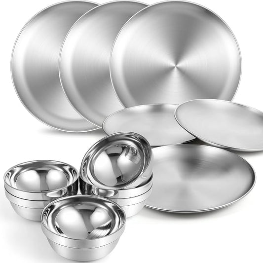 Sunnyray 304 Stainless Steel Plates and Bowls Metal Camping Plates Reusable 13 oz Steel Snack Bowls Dinner Dishes Double Walled Insulated Metal Dinnerware(6 Sets,8 x 8 Inch) by Sunnyray
