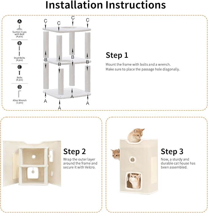 Cat House, Cat Beds for Indoor Cats, 2-Story Cat Condo Cube | Cat Bed Cave with Scratch Pad and Fluffy Ball Hanging, Multi-Level Cozy Hideout Center Ideal for Small/Medium Cats - Image 7