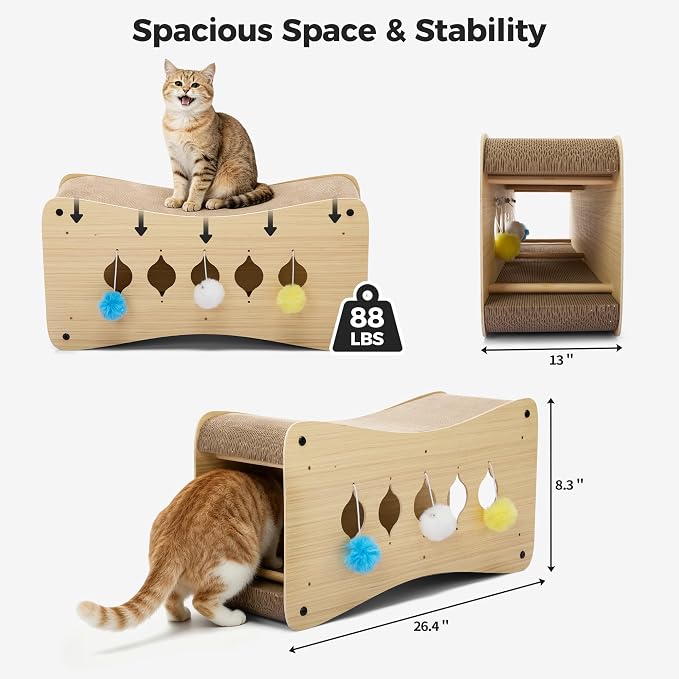 COZIWOW Cardboard Cat Scratcher House with Toys 26-Inch Curved Cat Lounger as Tunnel Double-Layer Scratching Box and Corrugated Board for Play, Scratch, Sleep and Rest - Image 3