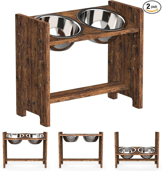 Vantic Elevated Dog Bowls, Adjustable Bowl Stand Medium, Rustic Brown | Particle Board Raised Dog Bowl Stand with 2 Stainless Steel Bowls for Medium Dogs by Vantic