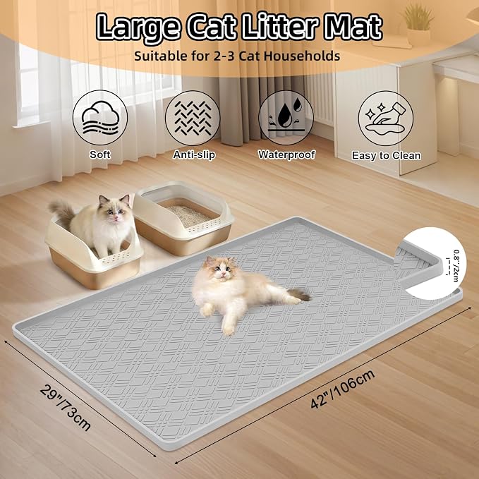 Silicone Cat Litter Mat 42" x 29" Cat Mat for Litter Box, Light Grey | Extra Large Cat Litter Trapping Mat for Floor, Waterproof, Non-Slip Kitty Litter Box Mat with Raised Edge, Easy to Clean - Image 2