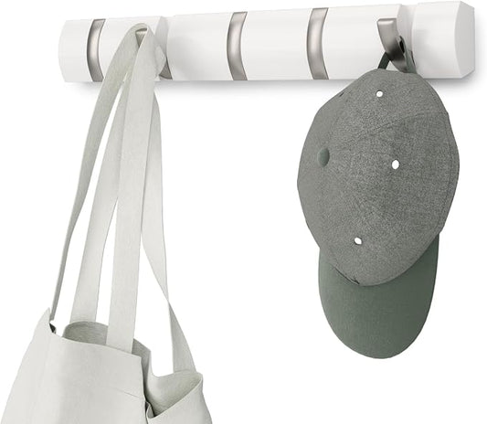 Umbra Flip Coat Rack, Wall Mounted 5-Hook Space Saving, White/Nickel | Real wood and steel build, retractable hooks fold flat, holds coats bags and scarves, easy install by Umbra