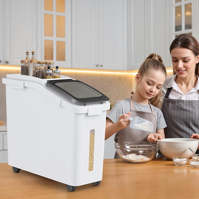 YITAHOME Large Flour Storage Container Ingredient Bins, 11.4-Gallon Rice Food storage Containers Bins with Wheels, Scoop and Airtight Lid for Bulk Rice, Cereal Grain, Sugar, White - Image 6