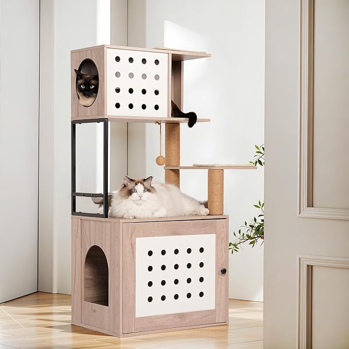 Cat Tree with Litter Box Enclosure, All-in-one Cat Tower for Indoor Cats with Large Hammock, Bed, Food Station, Scratching Posts, Modern Style Pet Furniture, Gray+White by FocusOnHome