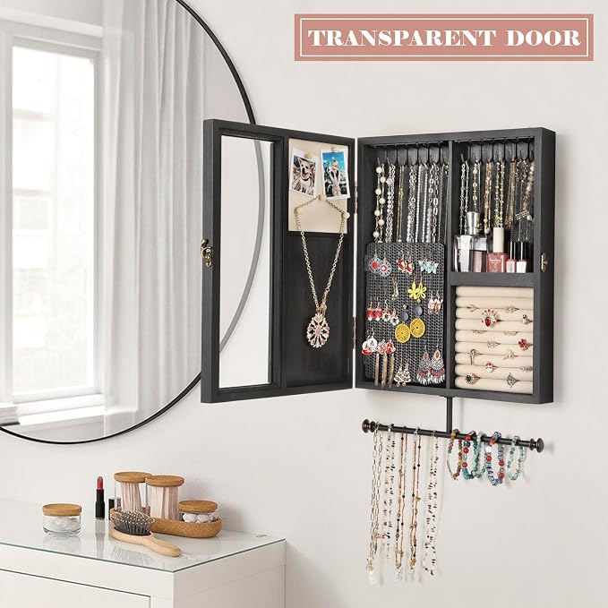 Keebofly Wall Mounted Jewelry Organizer With Rustic Wood Large Space Jewelry Cabinet, Holder, Storage Box for Necklaces, Earrings, Bracelets, Ring Holder, and Accessories Black - Image 2