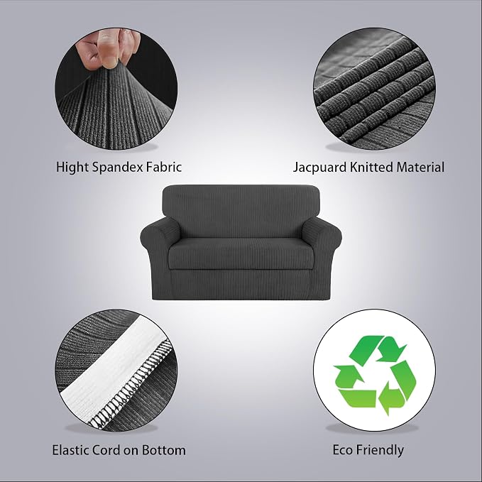 Loveseat Cover Stretching Skid Resistance Couch Cover for Pets Washable, Thick and Durable Soft High Spandex Striped Pattern Sofa Covers, Form Fitted Love Seat Slipcover(Loveseat, Dark Gray) - Image 2